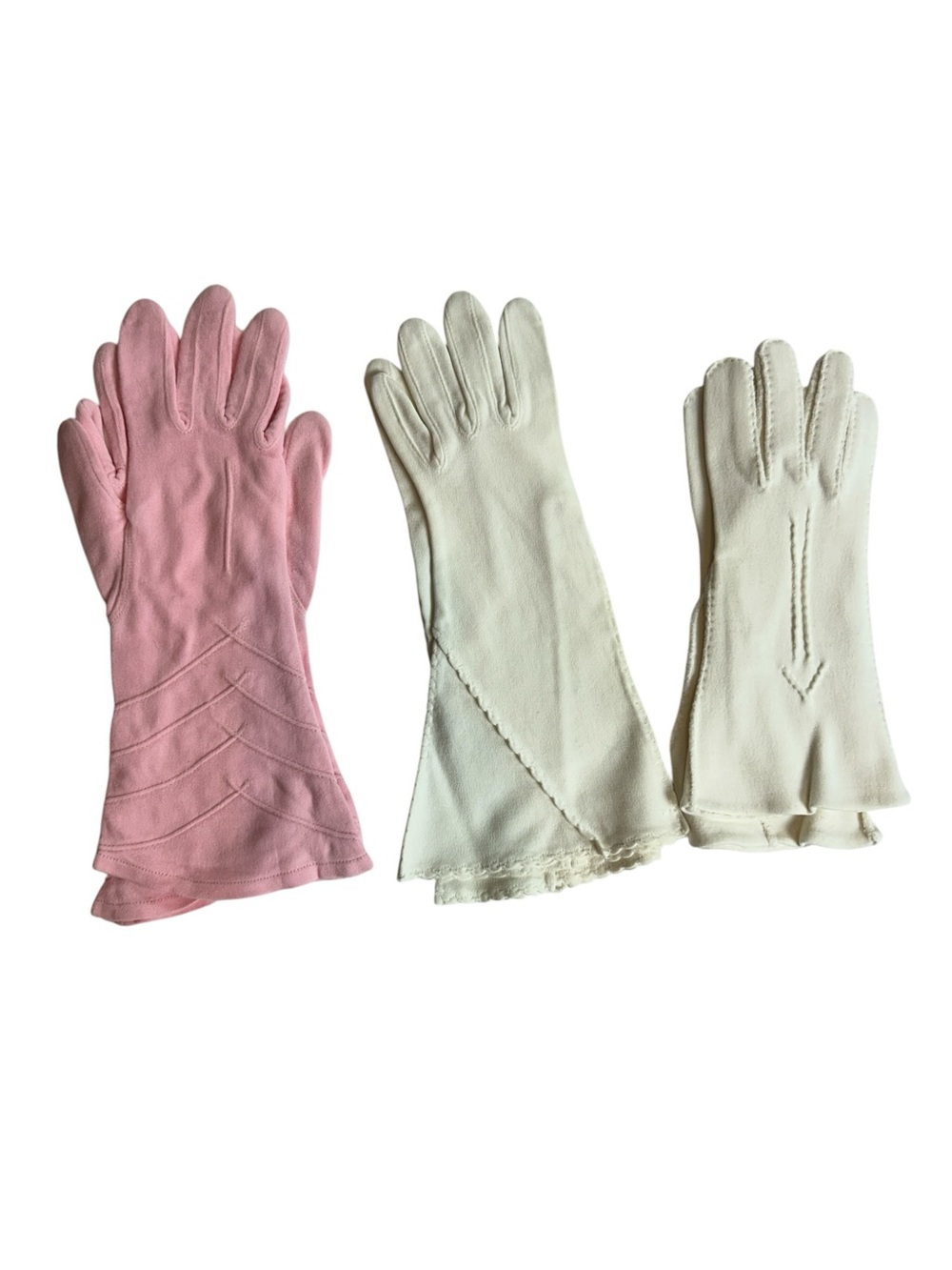 Vintage 1940s Gloves Set of 3 White & Pink Stitched Classic Women’s